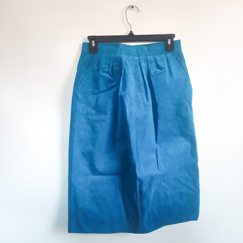 Vintage Bill Blass Skirt Size 8 A-Line Pleated Cobalt Blue Ultra Suede 27" Waist